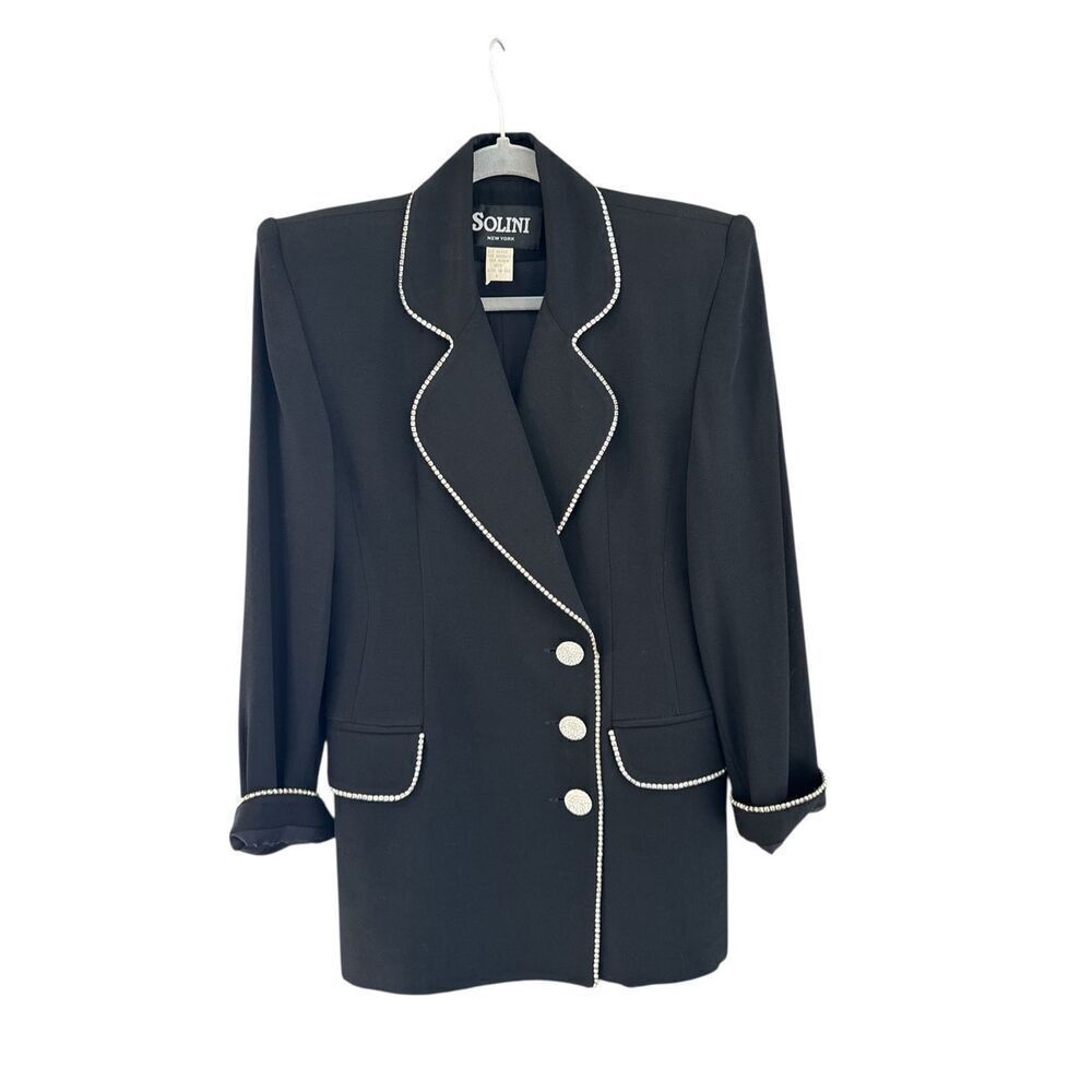 Vintage Solini Women's Padded Shoulder Rhinestone Trim Blazer Black Size 4